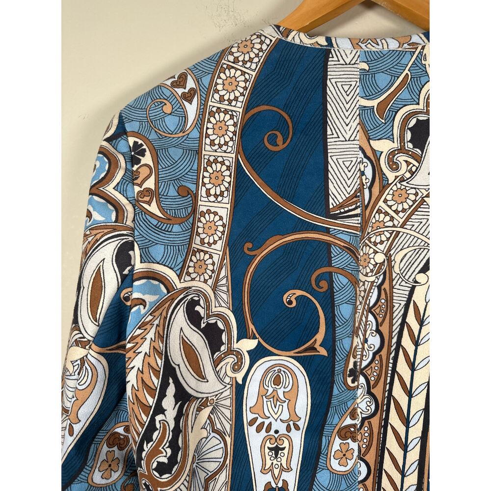 Chicos Baroque-Printed Cardigan Size 1 M Long Open Stretch Paisley Faux Suede - Picture 6 of 11